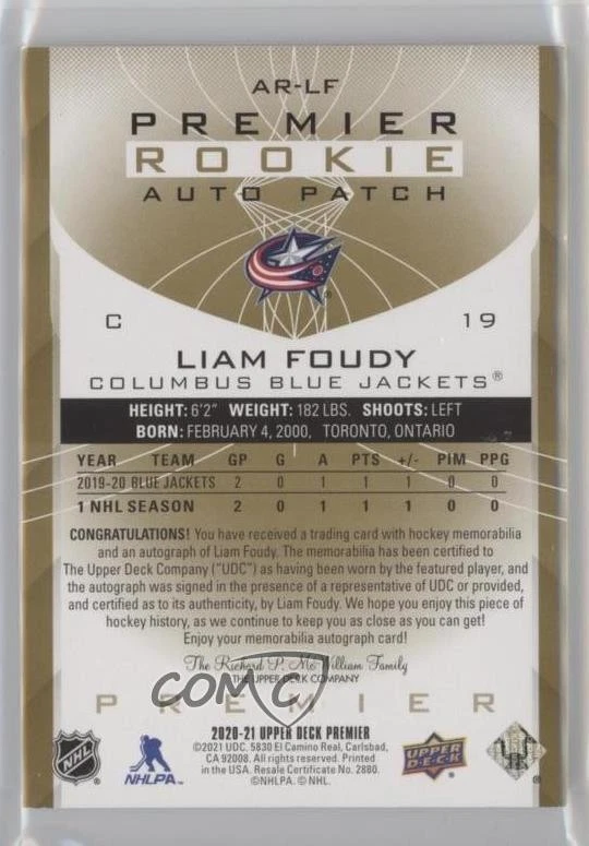 2020-21 Upper Deck Premier Acetate Rookie Gold /49 Liam Foudy RPA Patch Auto RC - Image 2 of 2