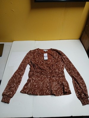 Sofia jeans by Sofia Vergara brown geometric v-neck long sleeve blouse xs nwt