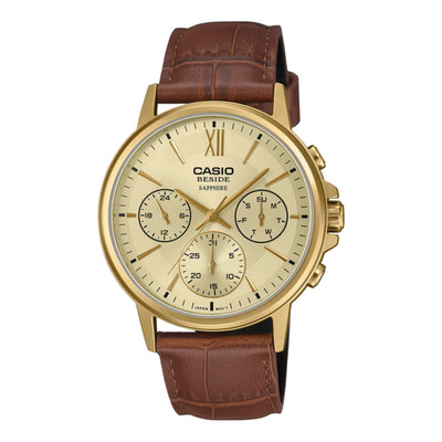 Casio Neben BMS-300GL-5 40,7mm Gold Zifferblatt Lederband Neu Full Set Herrenuhr