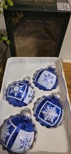 4 Christmas By Krebs Blue Framed White Snowflakes Glass Ball Ornaments 2  " EUC