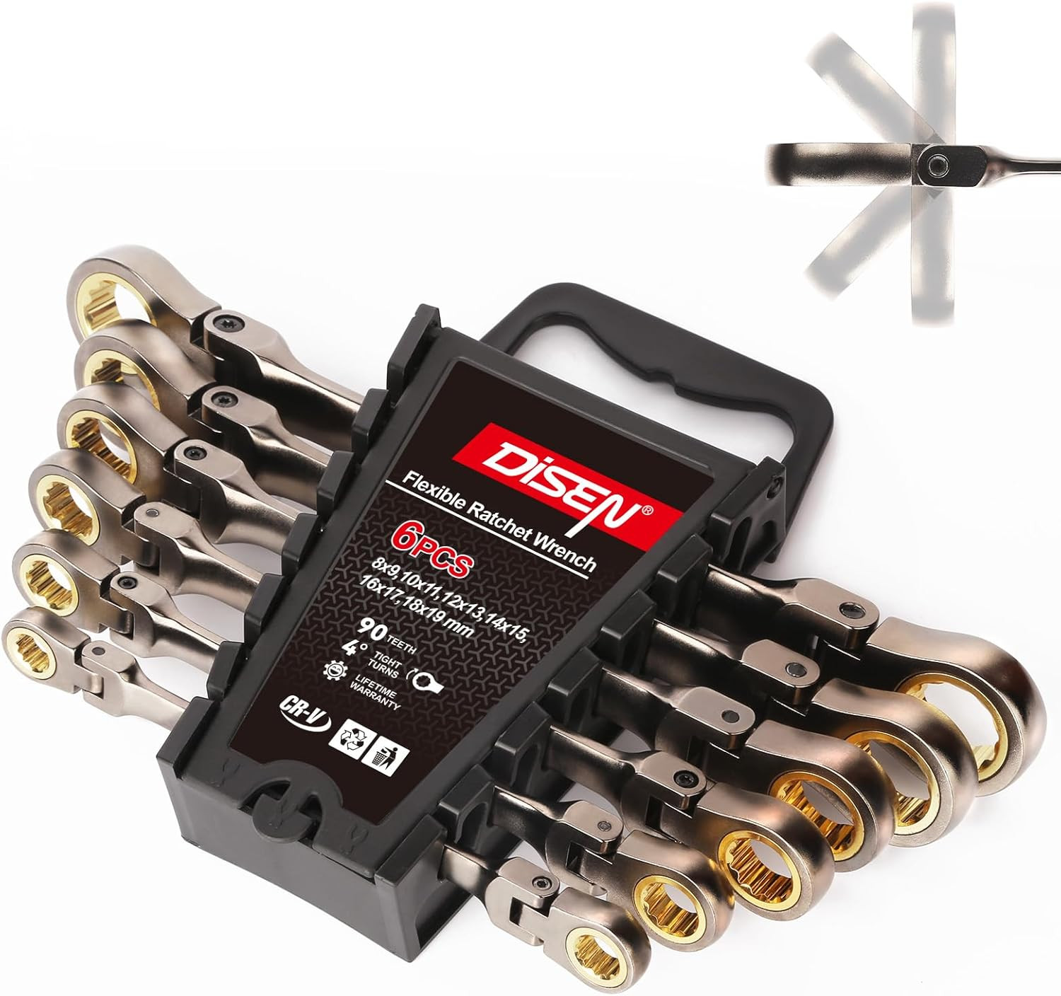 6PCS 90 Teeth Ratcheting Wrench Set Double Box End Flex Head with Gray Nickel Co