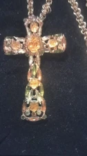 Alice Caviness Cross Necklace Pendant Brooch Glass Stones Orange Green