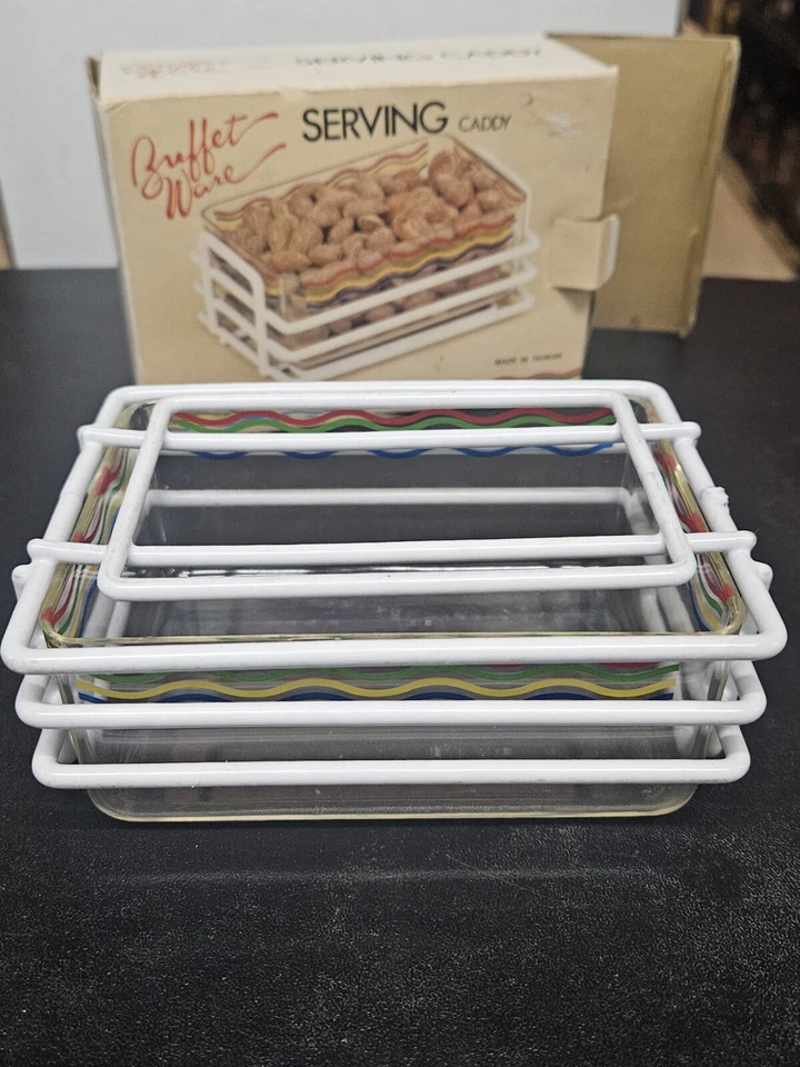 Vintage 80’s Party Buffet Ware Serving Caddy Striped Removable Plastic Tray - Изображение 3 из 4