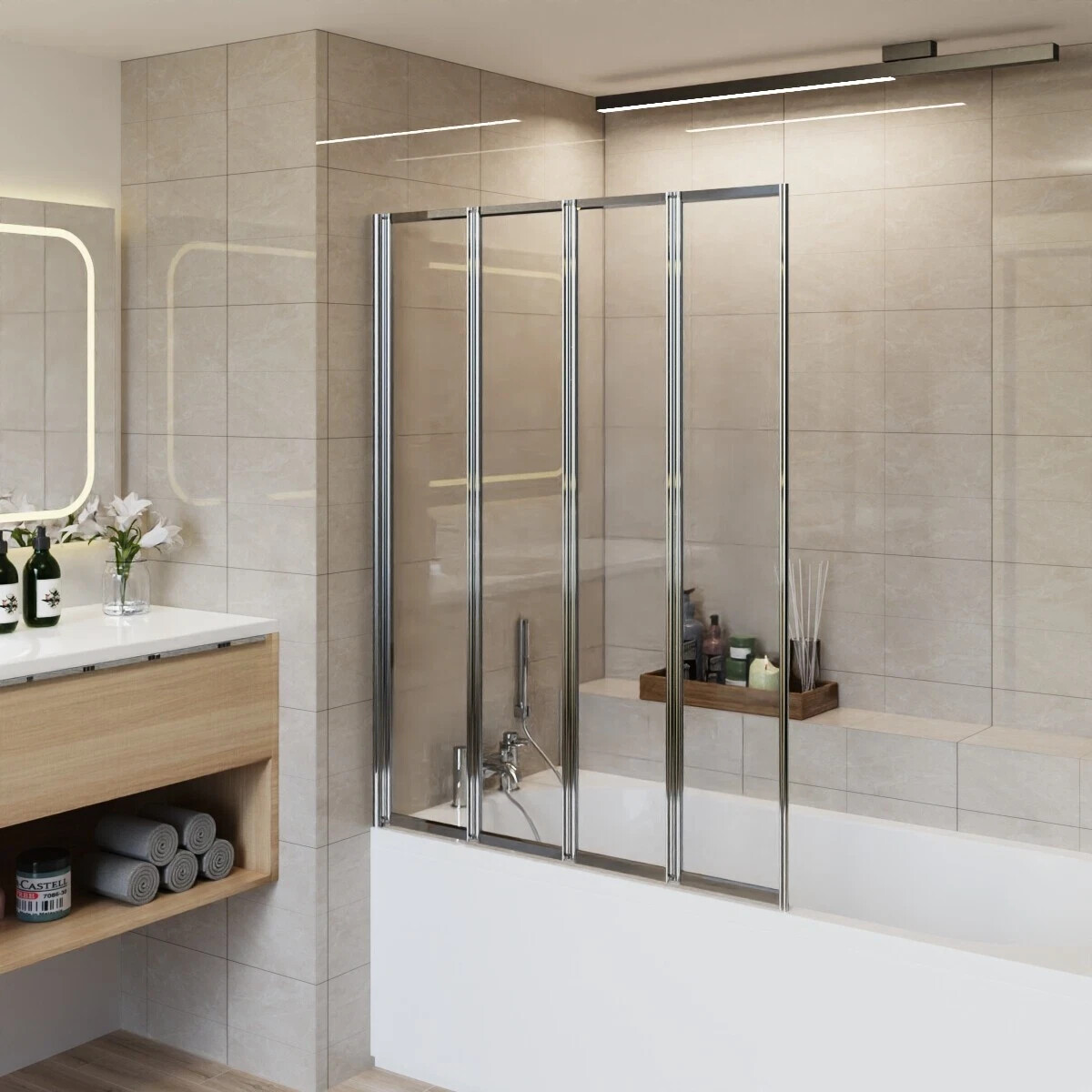 850x1400mm 4 Folds Folding Shower Bath Screen 180 Pivot 4mm Clear Glass Panel
