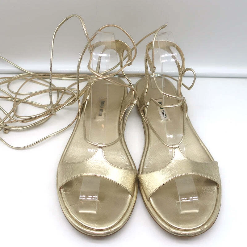 Sandalias de gladiador planas envolventes al tobillo Miu cuero dorado metálico talla 38,5 Foto 3 de 4