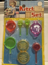 Kitchen Set NOS Plastic Bright Color Pots Pans Utensils Dollhouse Miniature