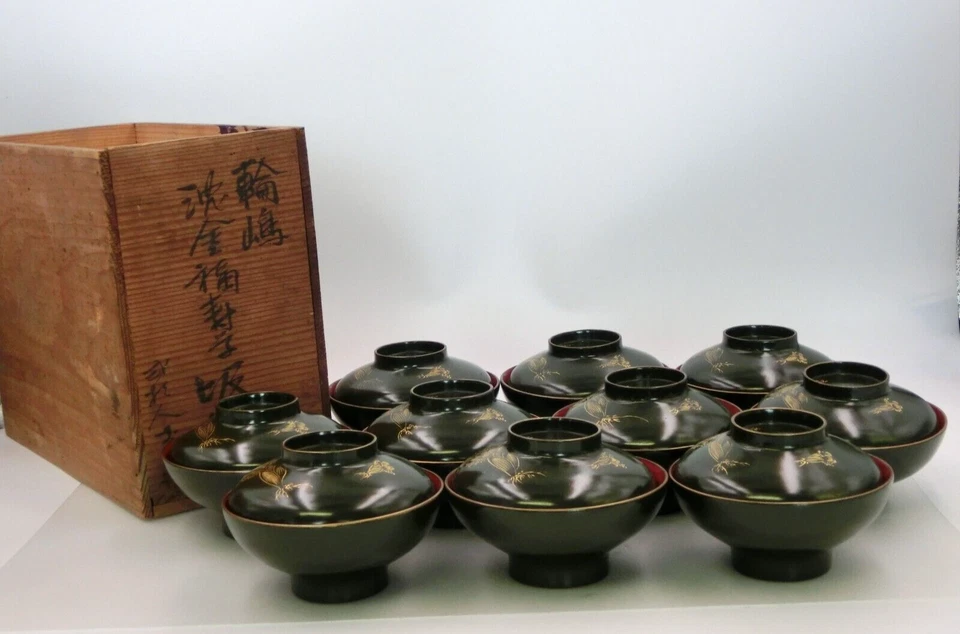 Juego de 10 cuencos de sopa japoneses antiguos de madera laca verde WAJIMA wajima chin kin Foto 2 de 4