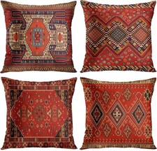 Set of 4 Throw Pillow Covers Tribal Abstract Bright Red and Yellow Vintage Persi