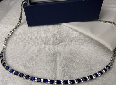 Sterling Silver 925 Tennis Necklace with Blue Square Sapphires