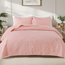 Quilt Set Oversized King Size with 2 Pillow Shams, Lightweight Blush Pink Qui...