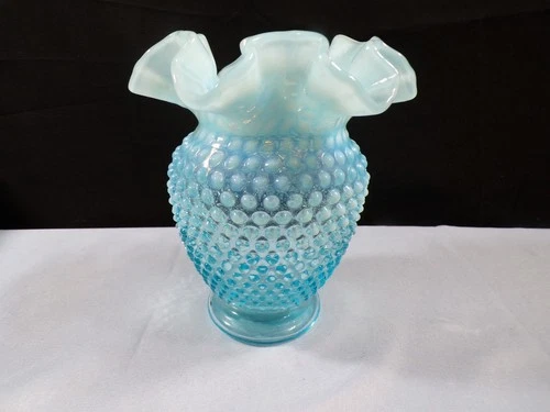 Fenton Blue Glass Hobnail Double Crimped Vase 6" Tall INV4