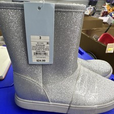 Cat Jack Girls Silver Glitter Snow Boots Lined Pull On Size 3