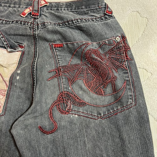 Vintage Y2K Men's GAO Embroidered Dragon Wide-Leg Baggy Black Red Jeans 32x32 - Picture 4 of 15