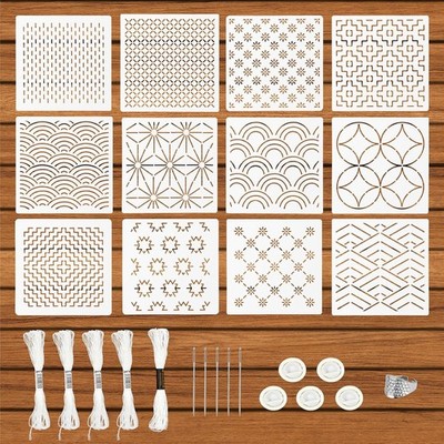 28 Stück Kunststoff Sashiko Schablonen Kit - 12 geometrische Schablonen, Fingerhut, Nadeln,