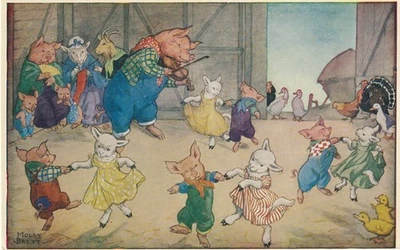 "Take your partners", dancing pig and animals, Molly Brett postcard - image 1 of 2