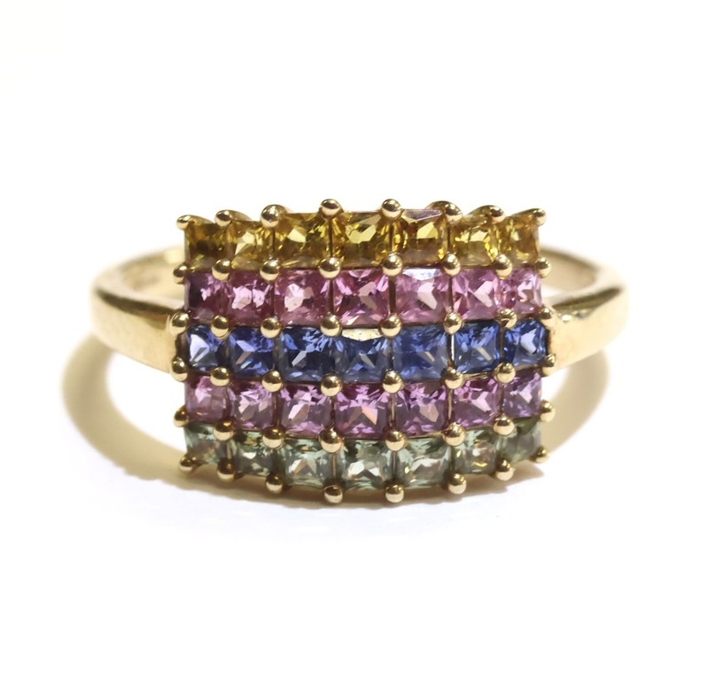 10k yellow gold rainbow sapphire cluster gemstone ring 3.3g green blue pink