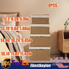 4 Pieces Light Brown Rustic Rectangular Woven Baskets With Handles Lace Lid