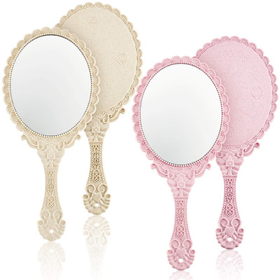 2 Pieces Vintage Handheld Mirror Portable Embossed Flower Mirror Hand Held Decor