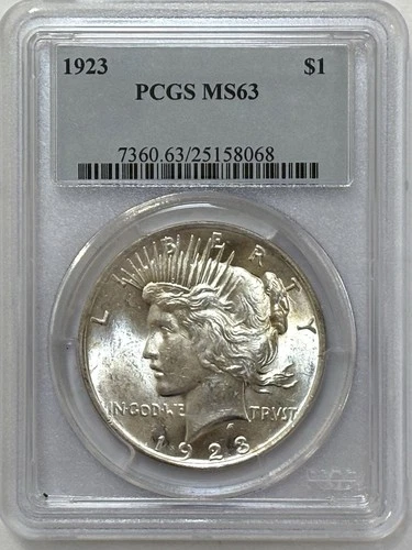 BEAUTIFUL BRILLIANT UNCIRCULATED 1923P SILVER PEACE DOLLAR $ PCGS MS63 VERY PQ