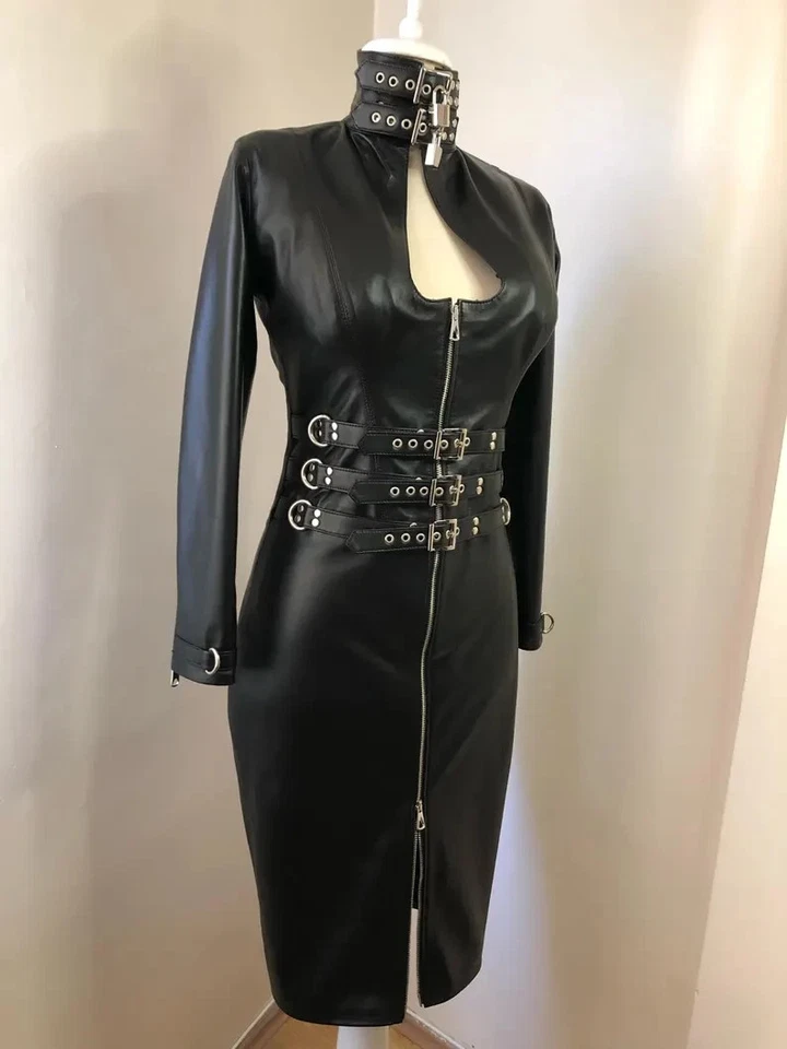 Vestido gótico negro de cuero genuino ceñido al cuerpo para mujer con hebilla cremallera punk ropa de club nocturno Foto 4 de 4