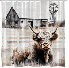 Highland Cow Shower Curtain, Rustic Western 70" W X 70" L Windmill Cabin Farmh