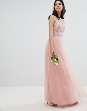ASOS Chi Chi London Sleeveless Tulle Maxi Dress, Bridesmaid, Rose/Gold, Size 8