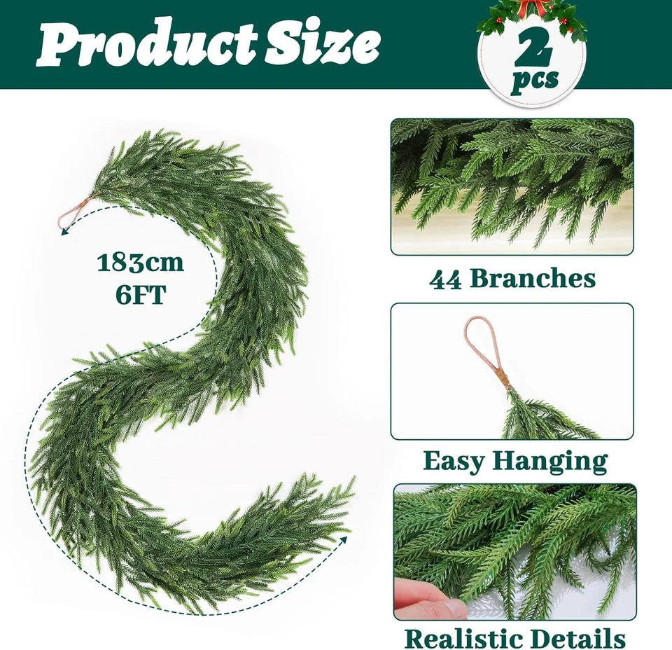 12FT(2 * 6FT) Christmas Pine Garland, Real Touch Faux Green Garlands,Artificial - Image 2 of 4