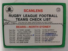 1978 SCANLENS RUGBY LEAGUE Checklist Card North Sydney Bears 