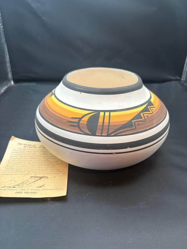 Vintage Mesa Verde Navajo Pottery Sunset Brown Orange Yellow Geometric Pot
