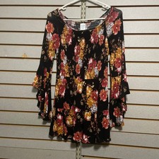 Time and Tru Womens Black Floral Smocked Bell Sleeve Mini Dress S Small