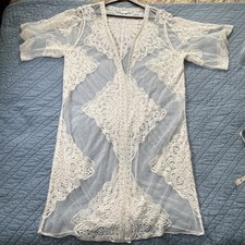 Modern Bohemia Sheer Lace Kimono Duster Women s M Ivory Embroidered Boho