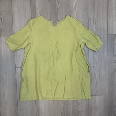 Chalet Et Ceci Tunic Top XL Green Yellow Linen Pullover Lagenlook Boho Pockets