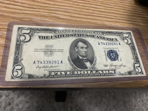 1953 blue seal $5.00 note - Picture 1 of 6