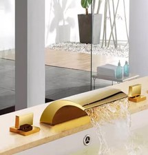 Gold PVD widespread 3 Holes Waterfall Bathroom BathTub tub Faucet deck mounted