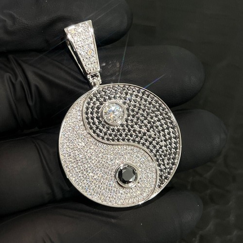 3Ct Round Black & White Simulated Diamond Yin Yang Pendant 14K White Gold Plated - Picture 3 of 9