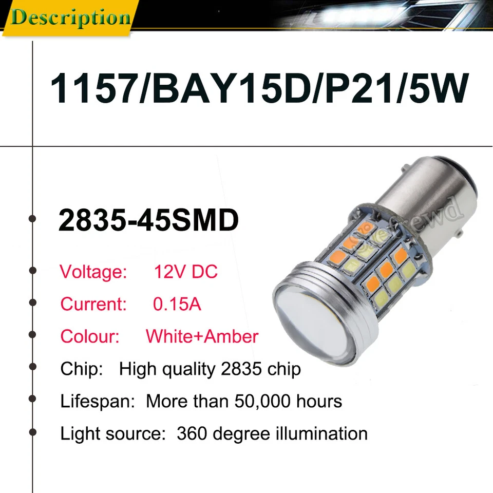 2 x 1157 BAY15D White/Amber Dual Color Switchback LED DRL Turn Siganl Light Bulb Foto 2 de 4