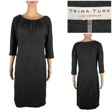 Trina Turk Women 8 Dress Charcoal Gray 3/4 Sleeve Casual Cocktail Sheath Stretch