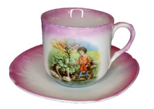 Antique German Child Porcelain Tea Cup Saucer Luster Boy and River With Swans