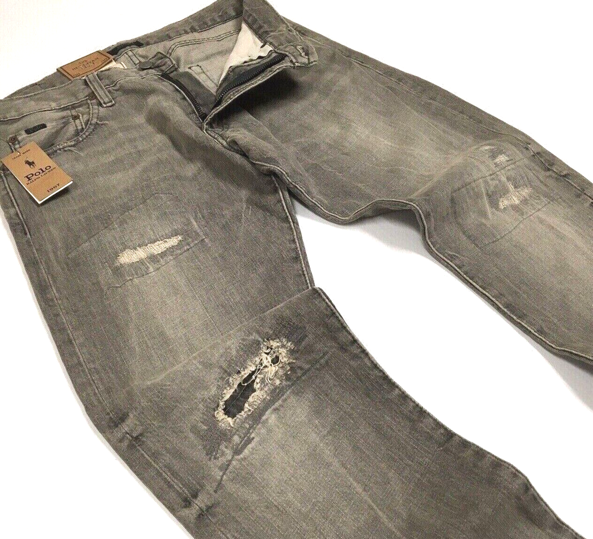 Polo Ralph Lauren Vintage Distressed Repaired Stitched Faded Gray Slim  Jeans Men