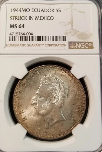 1944 Mo ECUADOR SILVER 5 SUCRE STRUCK IN MEXICO NGC MS 64 BEAUTIFUL COIN