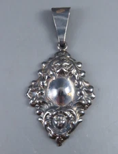 VTG STERLING SILVER PENDANT Luggage Tag Repousse Stamped SCROLLS FACE Nouveau