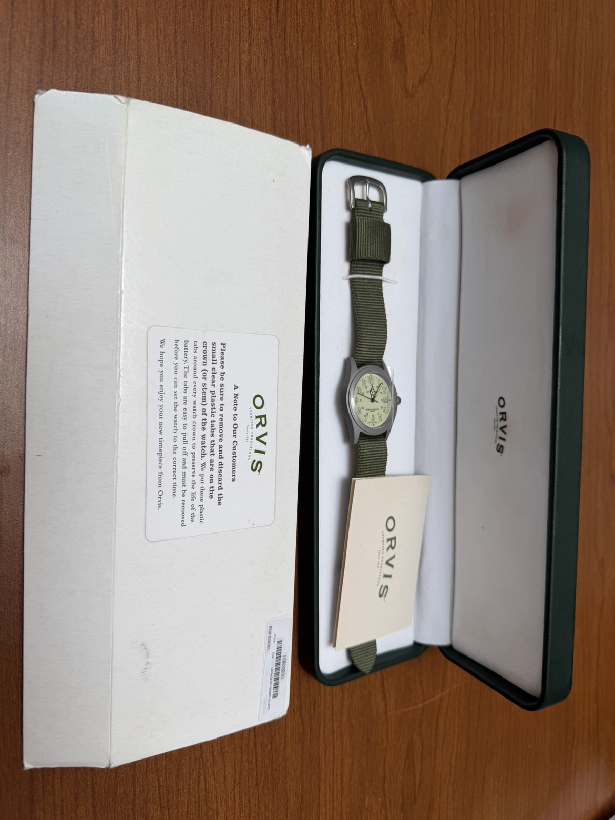 Orvis Military Watch Vintage Silver Green Field NATO Strap Date Sapphire Crystal