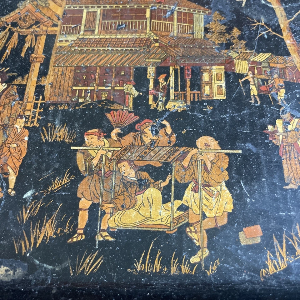 Plateau en Carton Bouilli Laqué Noir Décors Japon Samouraï Geisha Napoléon III - Photo 3/4