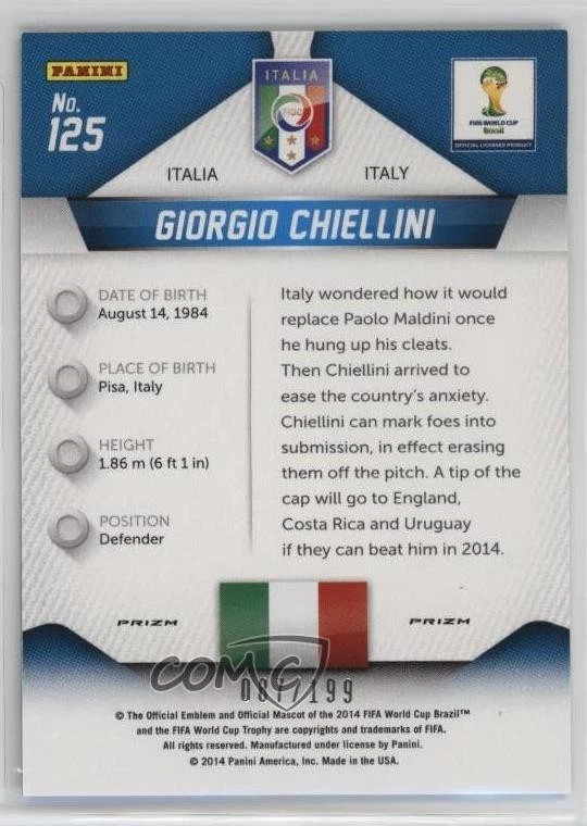 2014 Panini Prizm World Cup Blue Prizm /199 Giorgio Chiellini #125 - Image 2 of 2