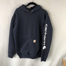 Carhartt Hoodie Mens Small Blue K288 Logo Sleeve Fleece Pullover Kangaroo Pocket