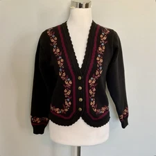VTG Charter Club All Cotton Women’s Cardigan Black With Floral Embroidery Medium