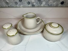 5Pc 70s Harvest Collection Stoneware Japan Creamer Sugar Salt Pepper-Green Rim