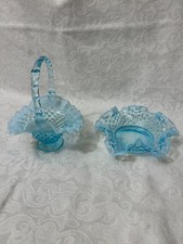 2 PIECES FENTON Blue Hobnail Basket Candy Dish