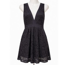 Free People Black Lace Deep V-Neck Mini Dress Crisscross Back Size S OB403332