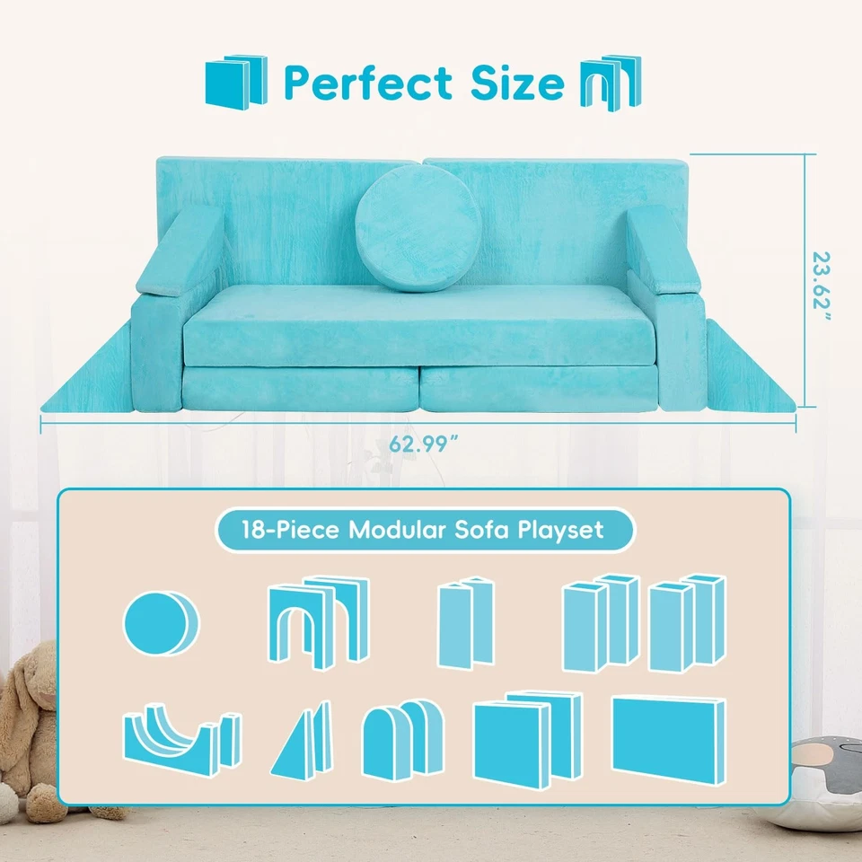 Sofá para niños, sofá seccional modular de 18 piezas, sofá de juego de espuma, terciopelo lavable suave,... Foto 2 de 4